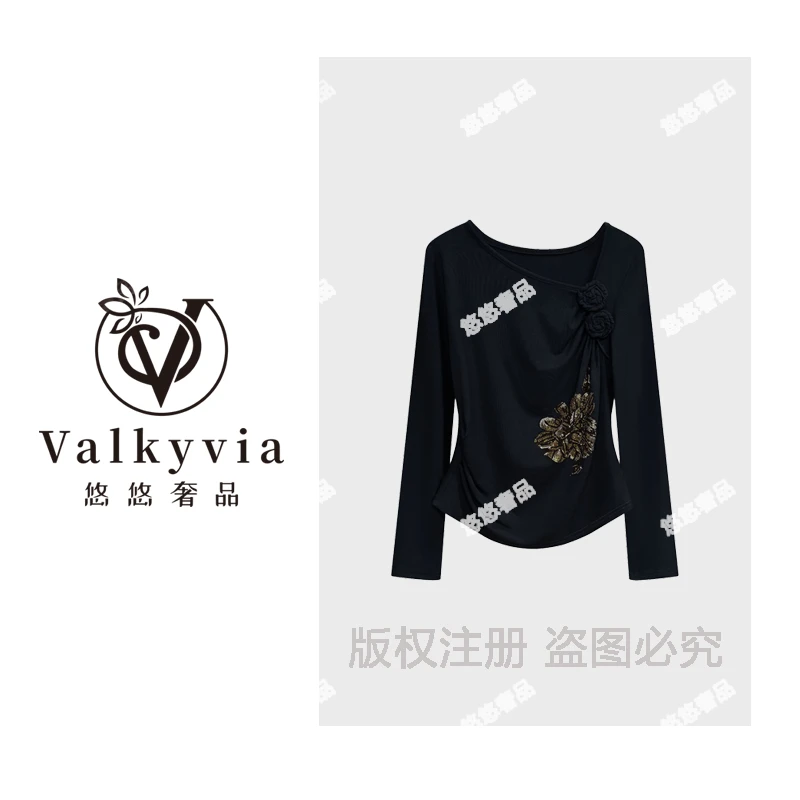 【Valkyvia/悠悠奢品】时尚花烫钻百搭休闲修身黑色百搭上衣#2525