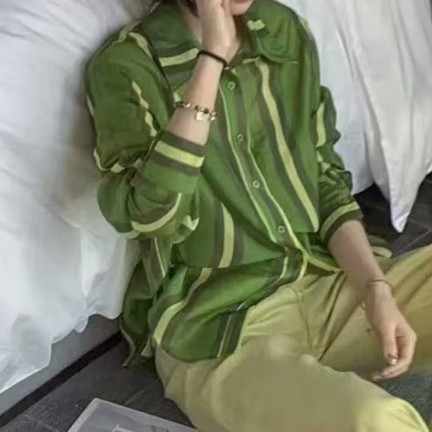 香香老板娘定制竖条纹衬衫上衣#6691