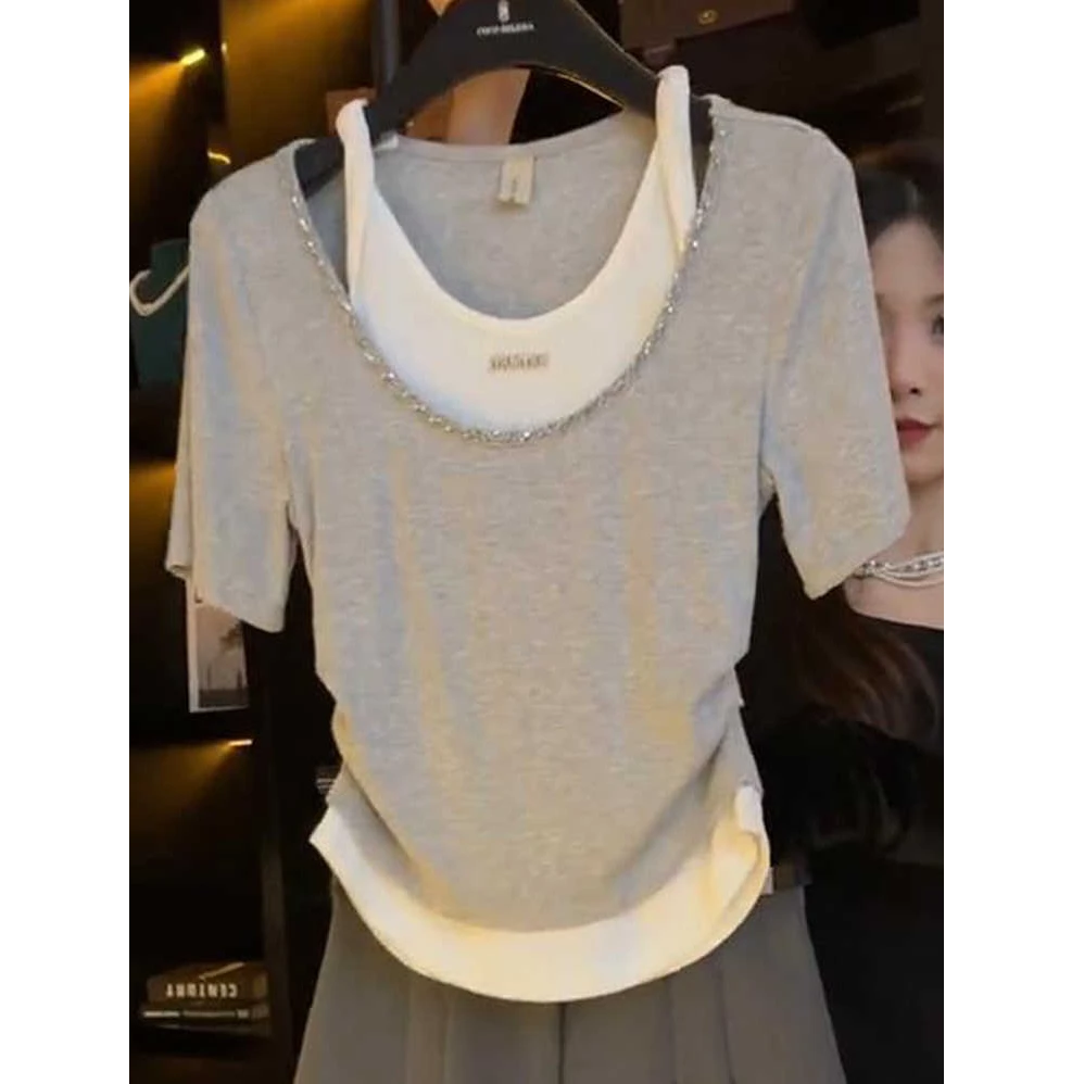 撞色拼接假两件短袖t恤女夏新款设计感小众气质褶皱收腰别致上衣