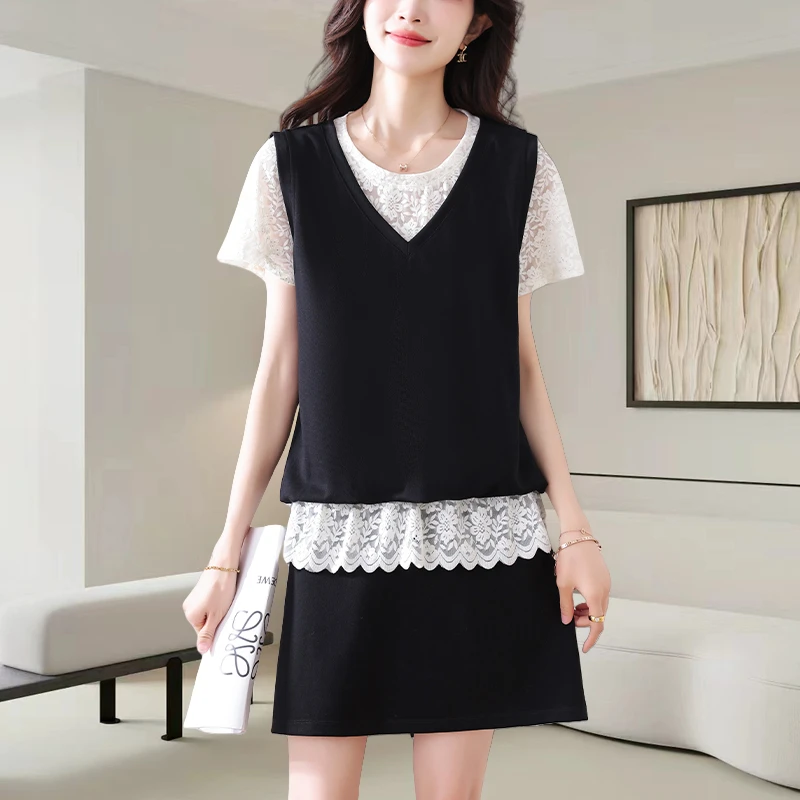 蕾丝拼接假两件短袖t恤裙子套装女士夏季新款时尚休闲显瘦两件套