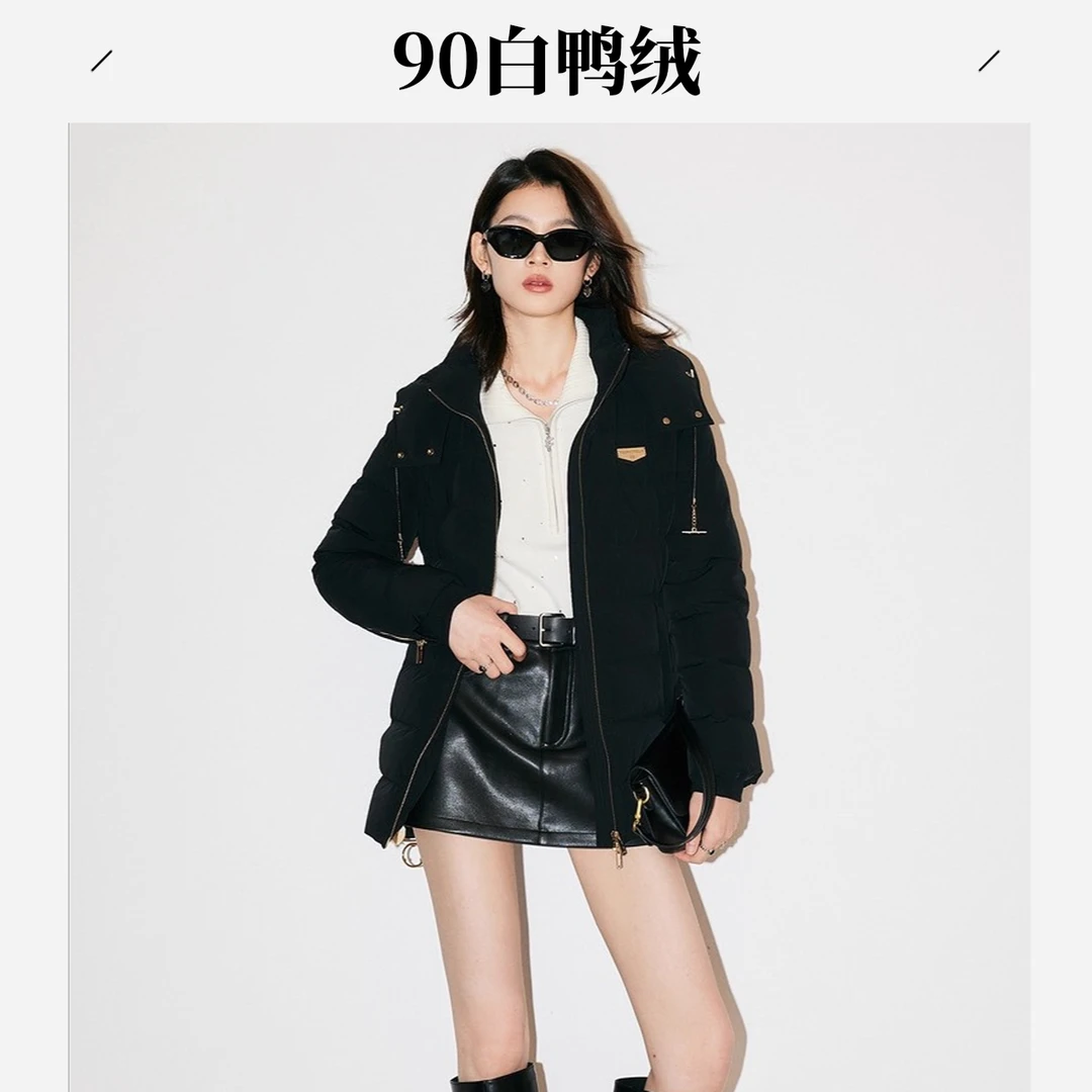 【小余专属】【90捷克白鸭绒】FF冬季新款黑色外套立领连帽女FR00526