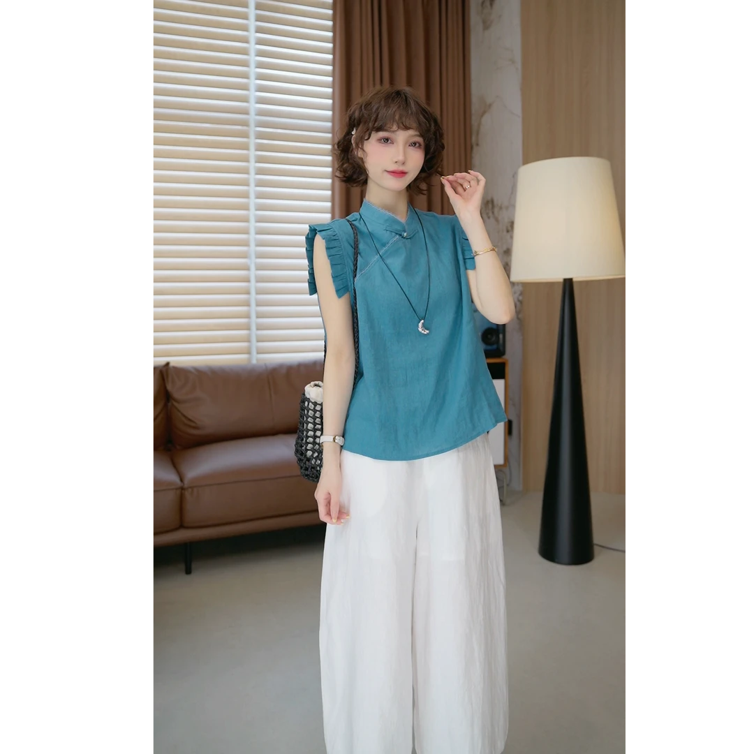 5.30 【薇薇绮】设计感亚麻上衣国风盘扣设计显瘦花边小飞袖 D725