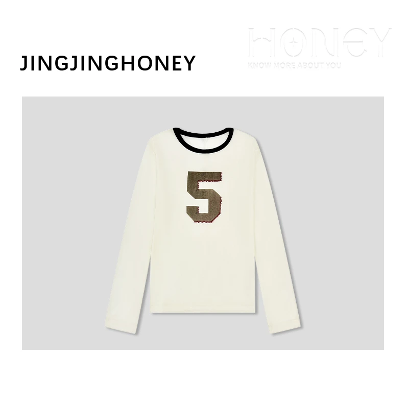 静静哈尼 【数字5长袖T恤】撞色时尚圆领亲肤柔暖长袖T恤T82532