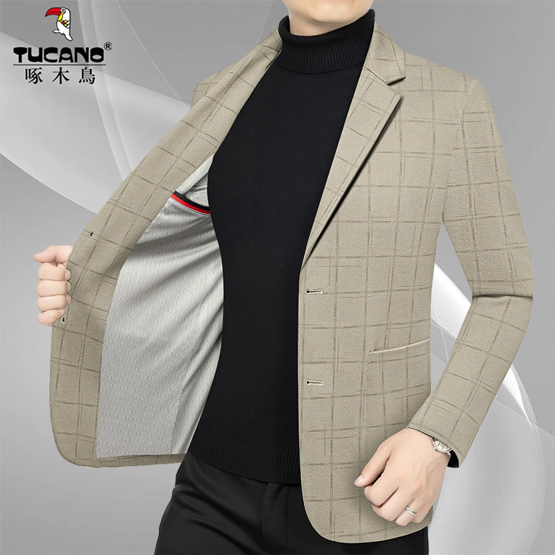 啄木鸟高档男士西服外套春秋时尚休闲格子小西装上衣单西男装