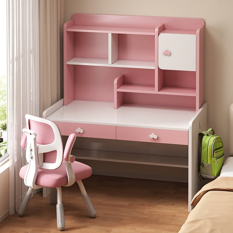 实木儿童书桌书架一体学习桌小学生家用桌椅套装可升降桌子写字台