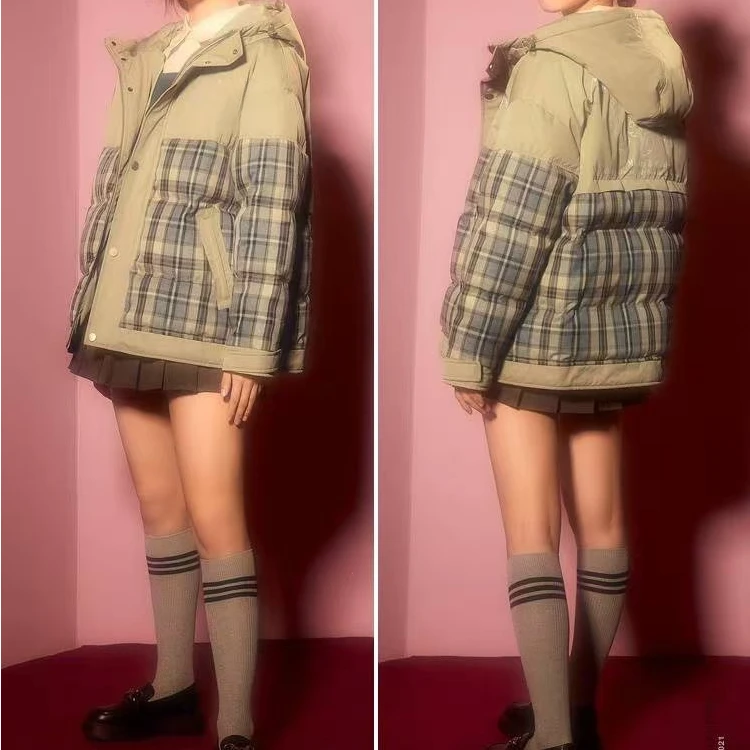 4356冬季保暖舒适格子拼接连帽羽绒服