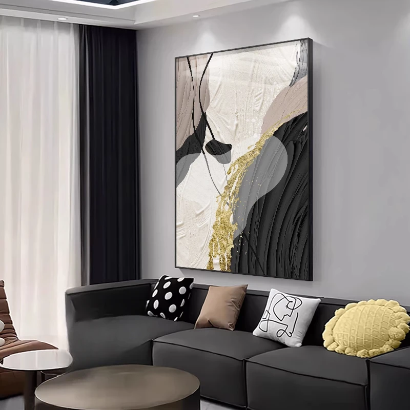 黑白简约客厅装饰画落地画轻奢高级感沙发背景墙挂画抽象肌理壁画