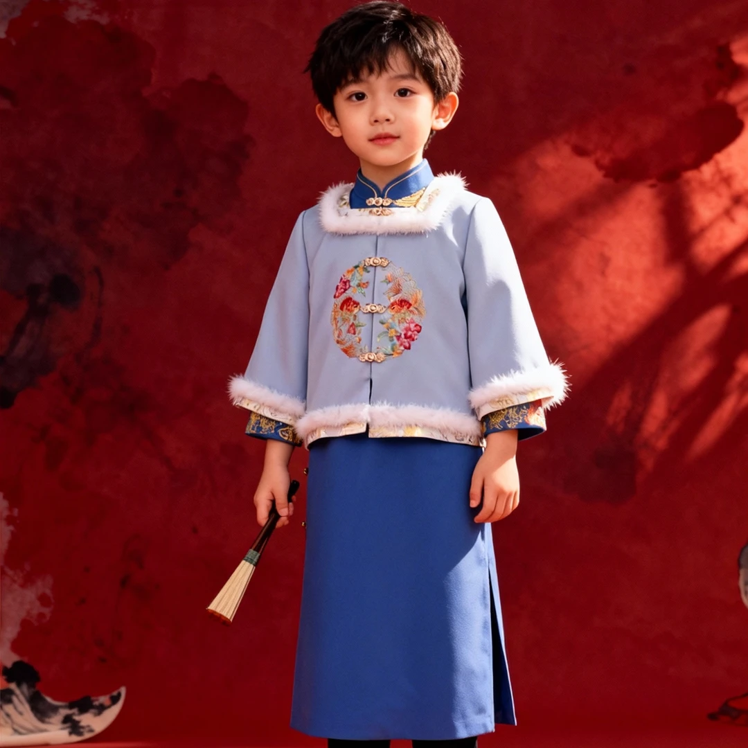 禧寤2026《游》系列中式盘金绣水貂毛童装男童套装「云鲤/碧渊」