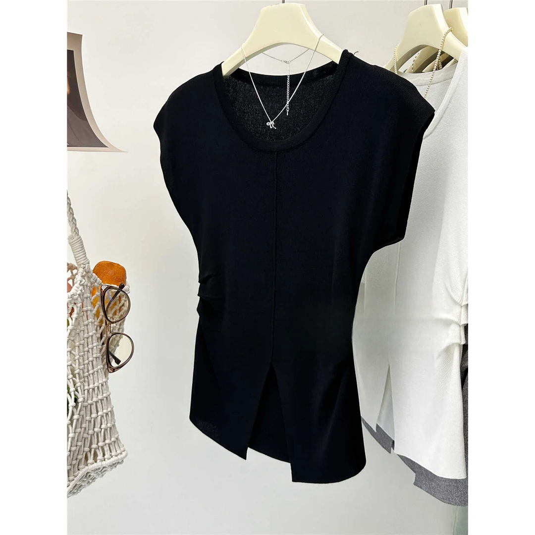 无袖上衣女开叉针织衫夏季新款纯欲风黑色设计感修身显瘦坎肩抽褶