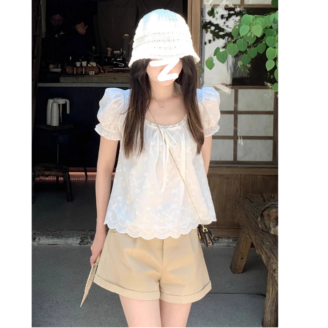 MISU/糜素法式泡泡短袖衬衫女25爆款夏季独特漂亮短款娃娃衫上衣