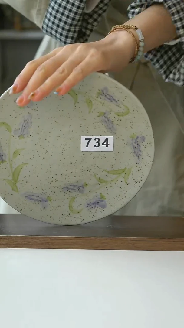 陶734粗陶手绘薰衣草早餐盘21cm@7-7@瑕