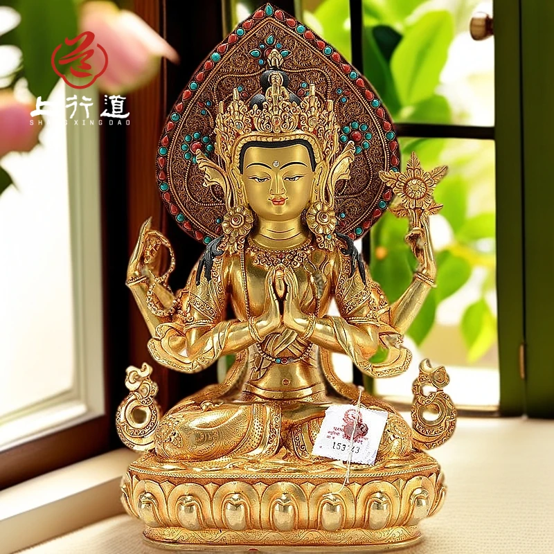 上行道摆件四臂铜像尼泊尔手工铜鎏金藏传密宗居家造像铜具12寸