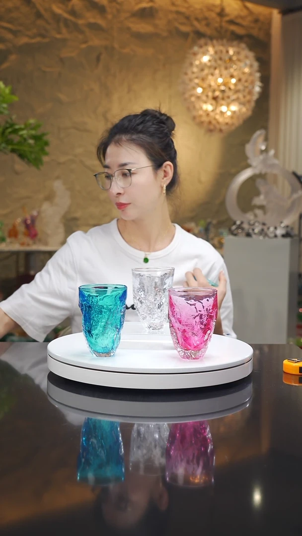 琉璃手工艺品设计款金红天空蓝水杯带水晶水杯共三只