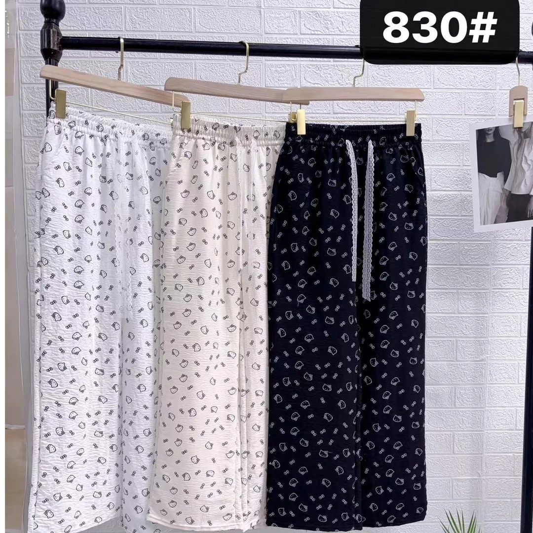 松紧腰美式复古小碎花印花阔腿裤女春夏宽松垂感拖地直筒休闲卫裤