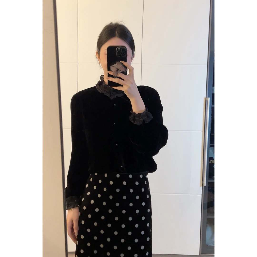 拼接丝绒时尚长袖通勤风百搭上衣 MY065