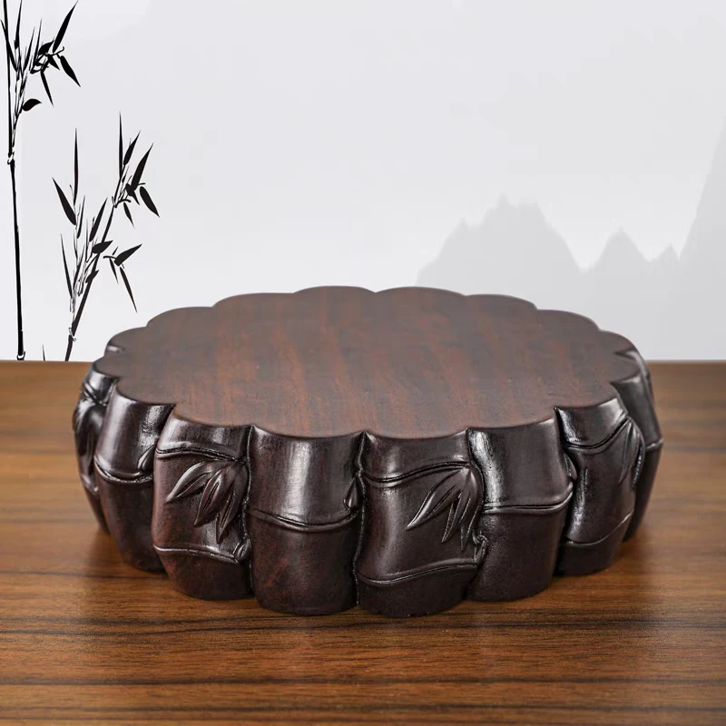 黑檀木竹节圆形13底座古董文玩玉石茶壶花盆底托工艺品实木摆件