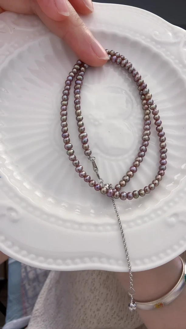 淡水珍珠银S925镶嵌颈饰无核油亮金属紫3-4mm