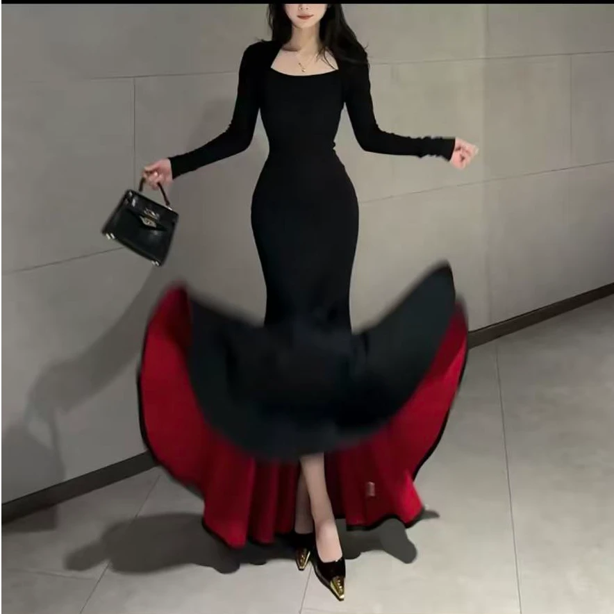 【小稳专属运补6-8】红底加绒步步生莲显瘦不包臀鱼尾裙长裙5313