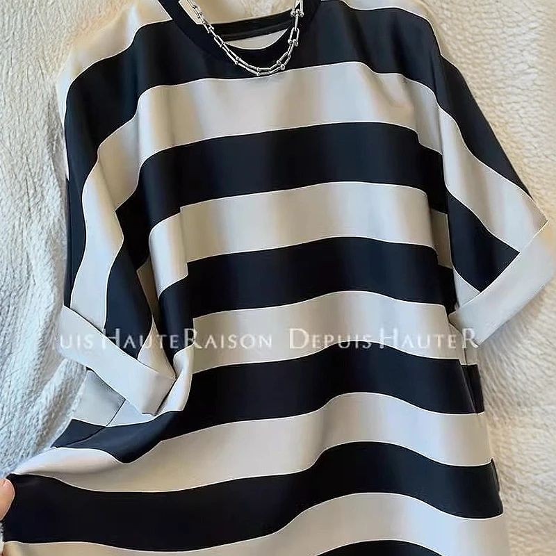 黑白条纹T恤女夏短袖宽松2025新款大码休闲慵懒风中长款圆领上衣