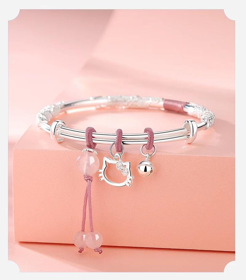 足银手镯 繁花 Kitty 猫999纯银手镯编绳可爱节日礼物送女友姐妹
