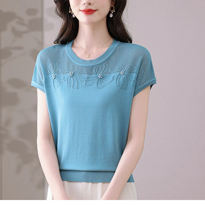 莱赛尔天丝短袖t恤女新款镂空遮肚显瘦宽松上衣时尚圆领气质小衫