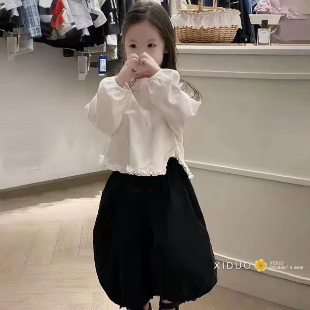 韩国套装女童泡泡袖衬衫2025新款儿童花边娃娃衫宝宝上衣+裤子