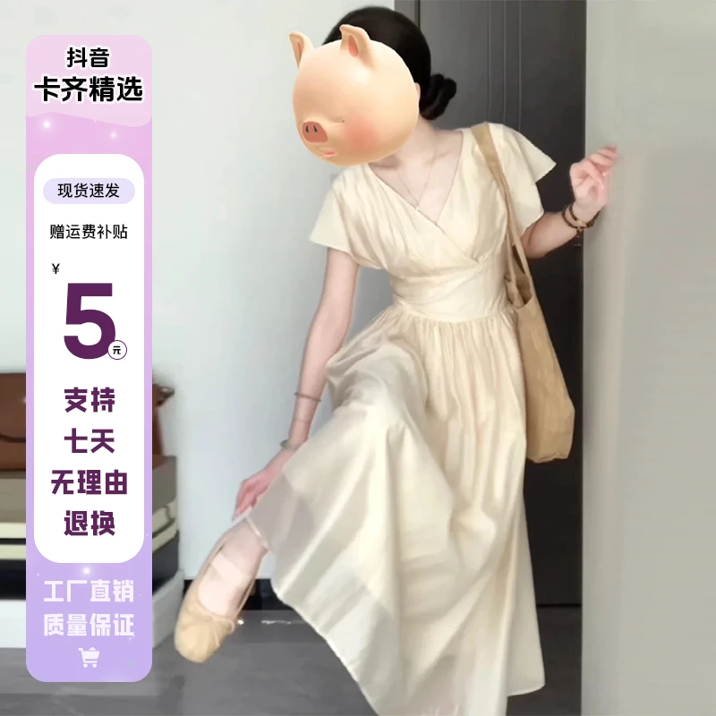 KQ3339高级感法式v领雪纺连衣裙子女夏季新款小飞袖收腰显瘦长裙