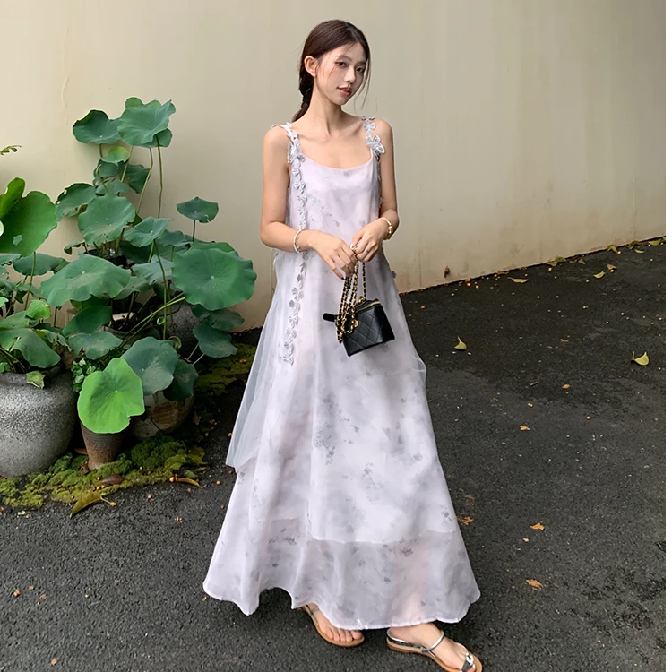 孕妇夏款新中式国风水墨画气质复古吊带温柔风连衣裙