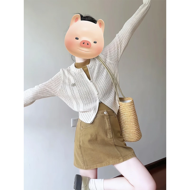 软糯短款针织衫内搭打底拉链网眼罩衫开衫毛衣外套卡其短裙包臀裙