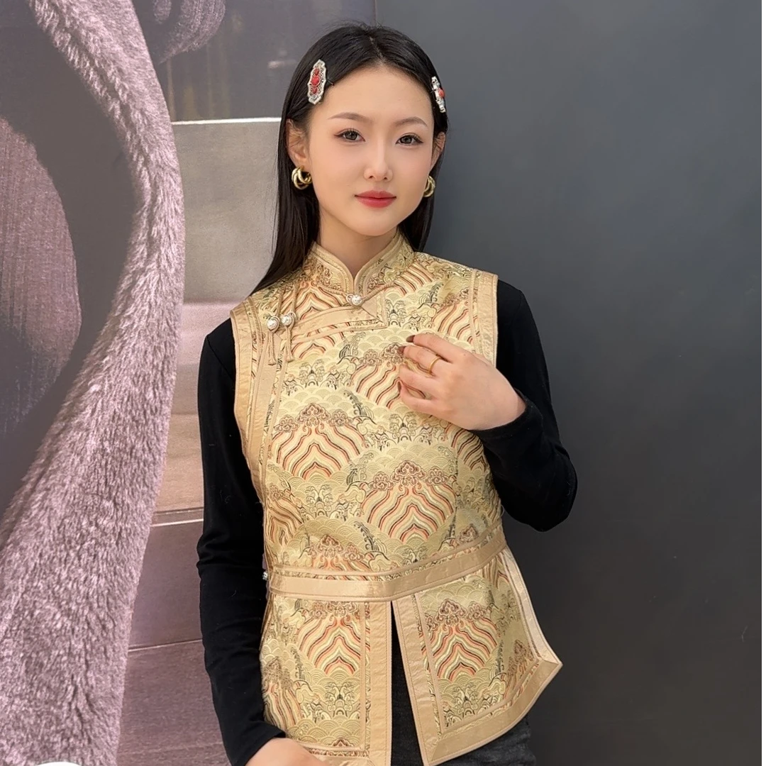 阿努金 A0001民族风立领蒙古元素金色百搭马甲