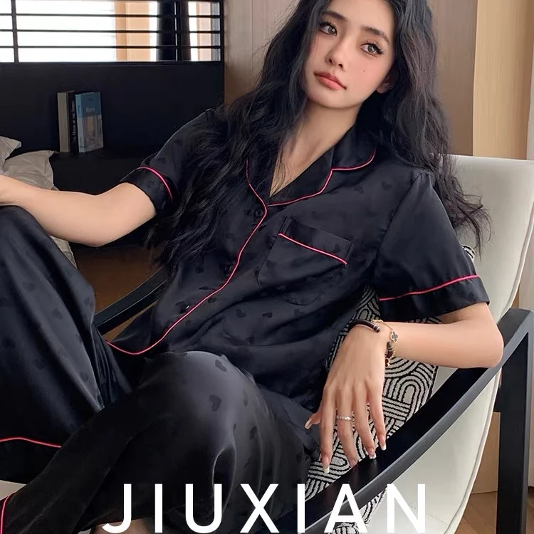 【缎面好面料】【短袖三件套】【黑色爱心提花】夏季软丝滑睡衣女裸睡感