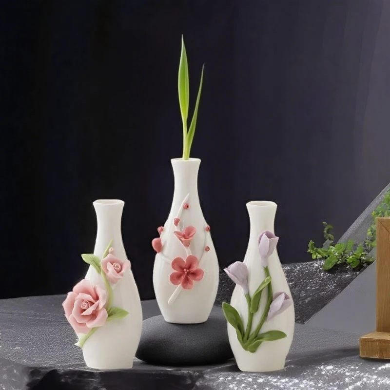 新中式创意纯手工陶瓷精致手捏花瓶办公居家花插工艺品陶瓷摆件