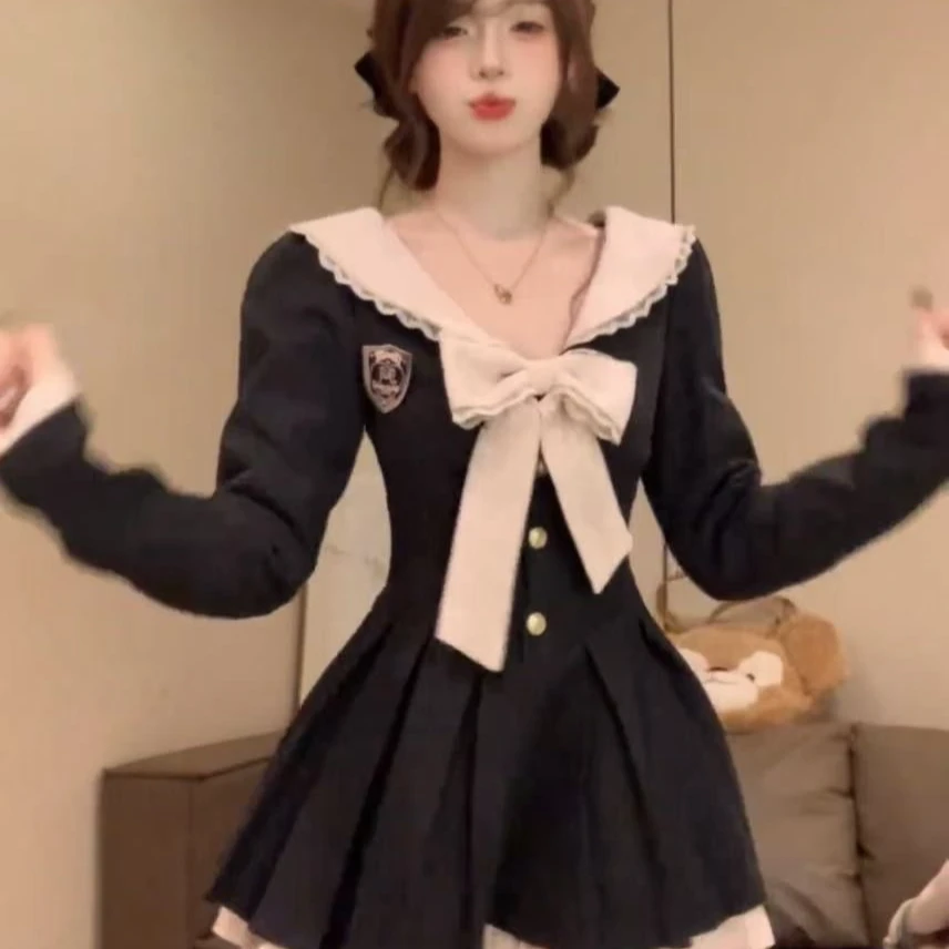学院风海军领jk连衣裙设计感长袖短裙辣妹显瘦甜美新款百搭裙子