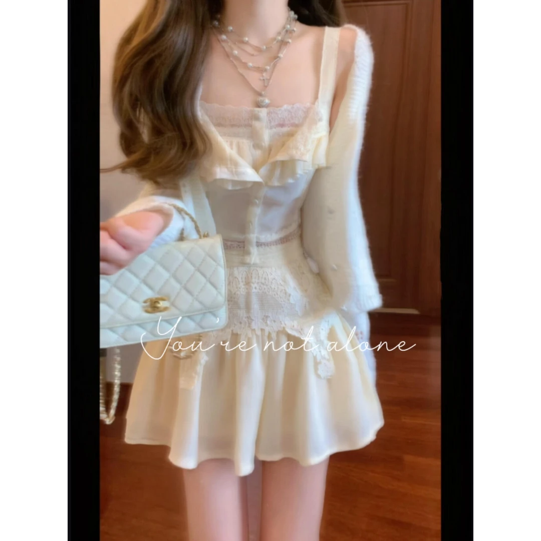 【卡普里柠檬霜】早秋新款甜美风开衫外套假两件开襟上衣蕾丝半身裙