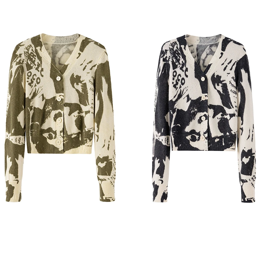 源头工厂羊毛衫针织开衫女手绘涂鸦印花V领短款上衣外套