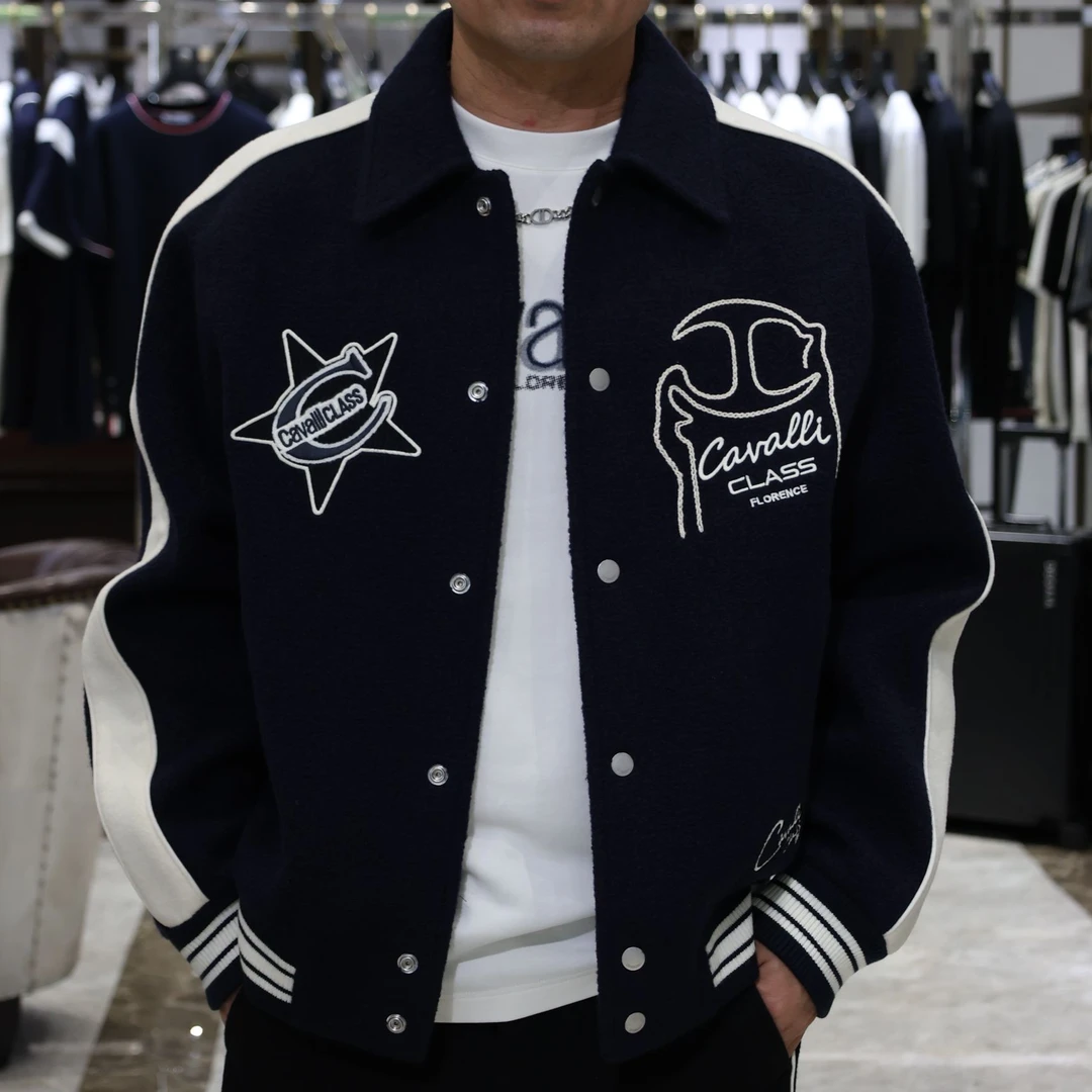 侧边羊毛织带多元素LOGO Cavalli Class 羊毛翻领夹克外套