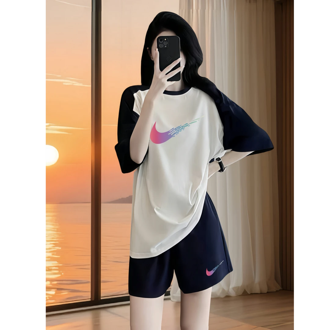 奥特莱斯正品纯色睡衣女夏纯棉女纯棉短袖拼色宽松可外穿家居服套