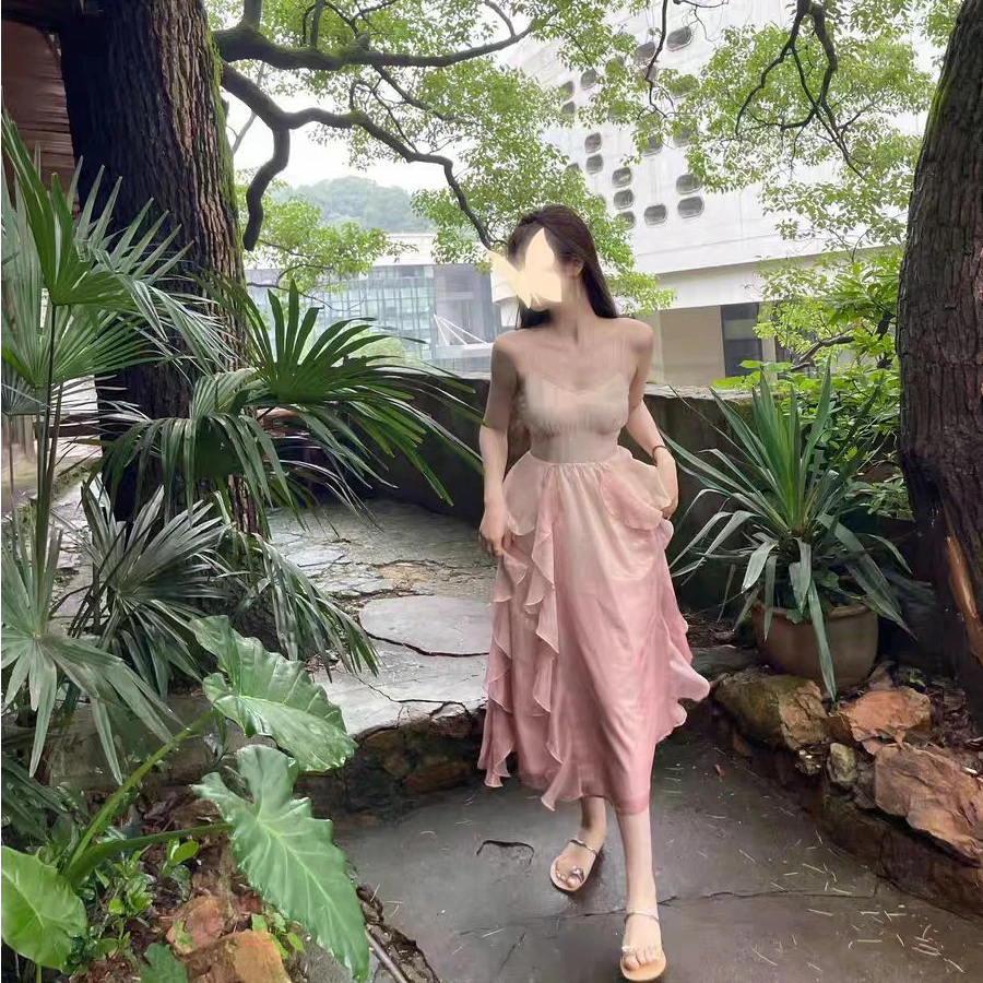 人鱼姬渐变荷叶边仙女裙设计感休闲显瘦气质吊带裙超仙重工连衣裙