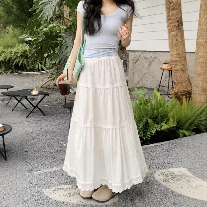 温柔风甜美蕾丝边纯色半身裙2025春秋新款显瘦层次感蛋糕a字长裙