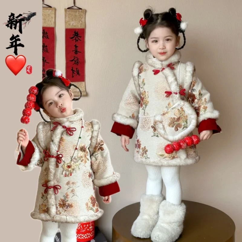 女童加绒旗袍裙秋冬季新款中式国风格格装儿童加厚过年拜年服R866
