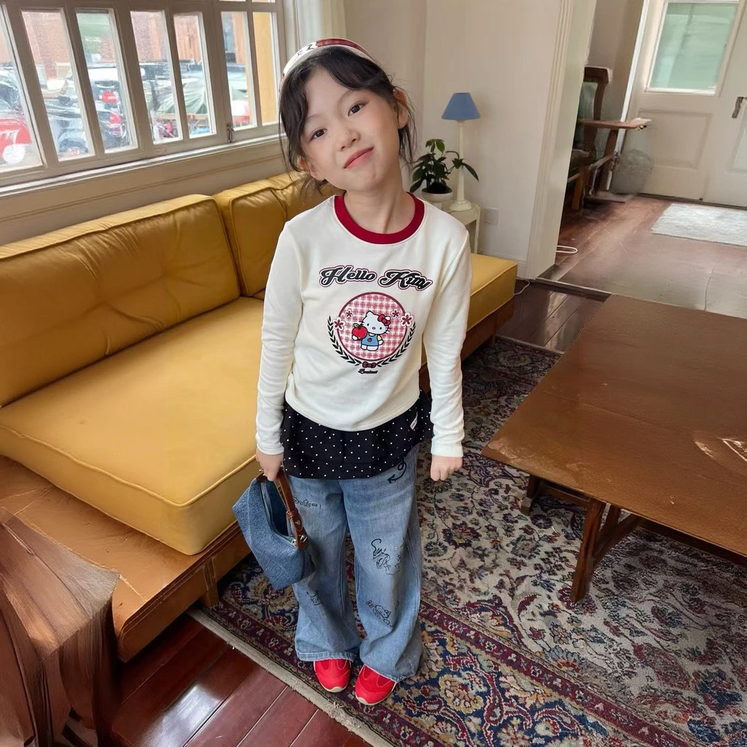 女童2025秋冬新款中大童韩版休闲K T猫印花圆领长袖打底T恤253278