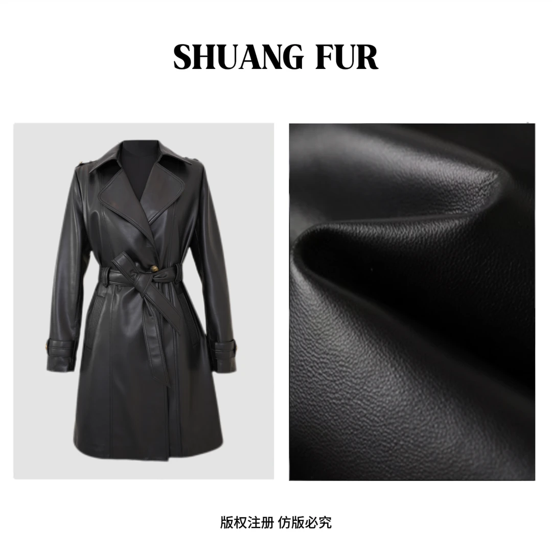 高知风真皮绵羊皮收腰中长款皮衣2409-现