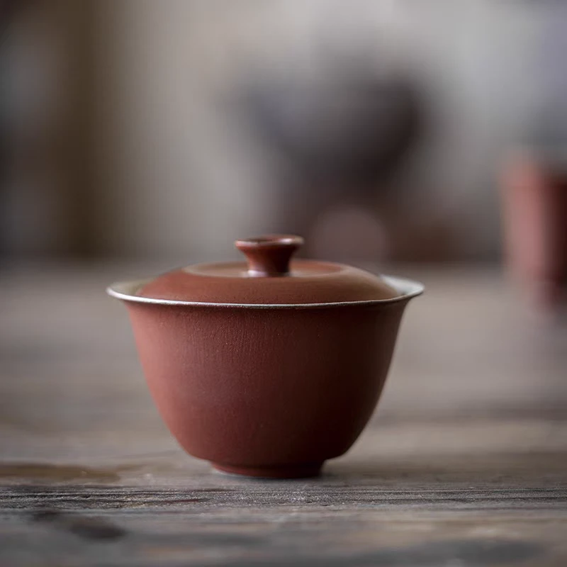 朱砂红素心盖碗功夫茶具泡茶碗陶瓷中式国风素雅茶具复古家用悬停