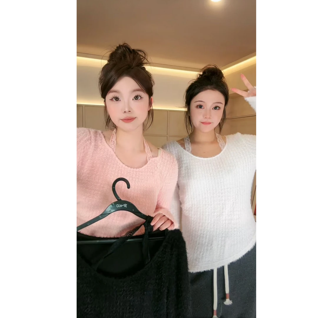 晶咕【高分欧尼！】慵懒感防水貂毛蕾丝绑带挂脖假两件长袖上衣