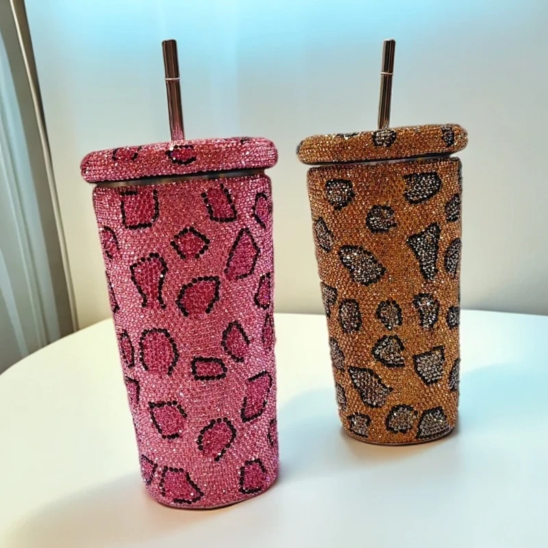 重工轻奢手工镶钻奶茶咖啡杯水杯保温杯500ML礼物办公杯豹纹网红