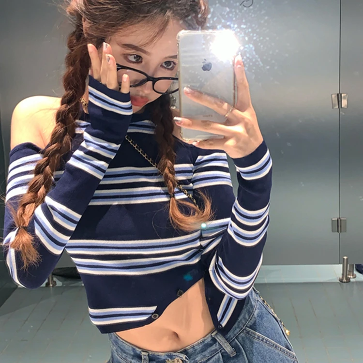露肩条纹T恤女2025年秋季新款短款ins潮心机高级感小众长袖上衣