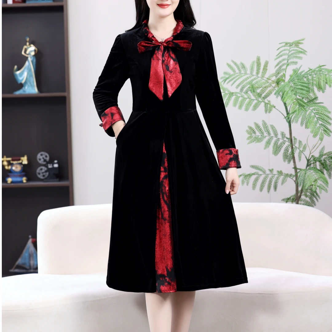 Y1052复古港风假两件连衣裙春装新款假两件长袖大摆遮肚子中长裙