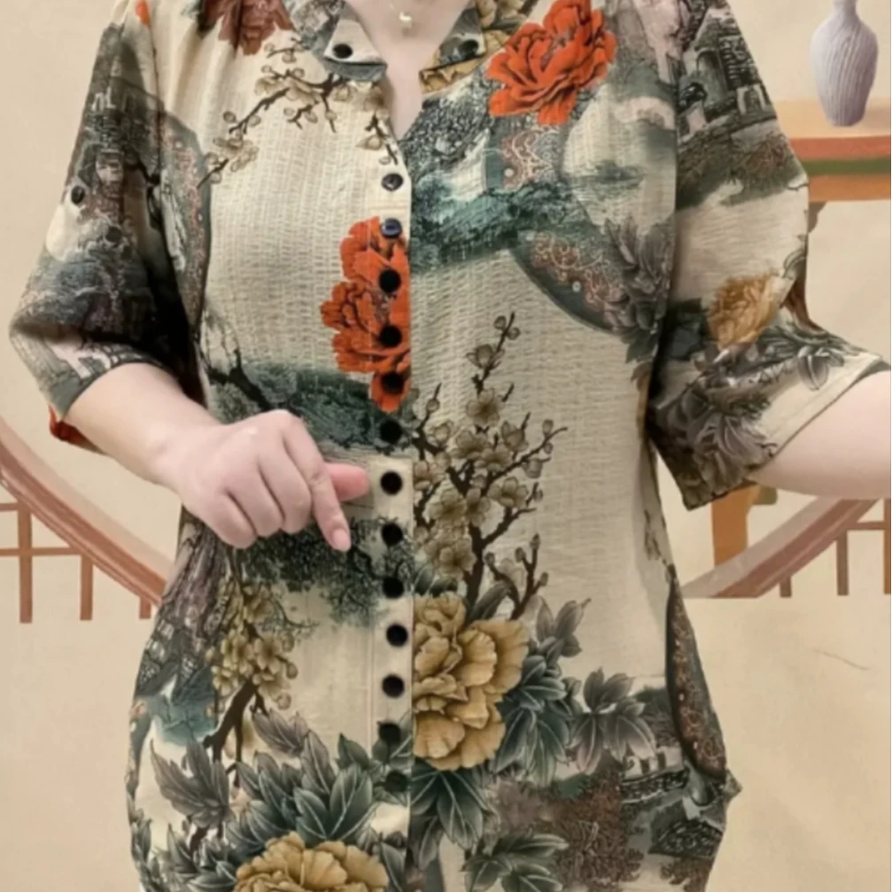 2025夏季新款洋气妈妈复古山水画衬衣高档气质宽松V领七分袖上衣