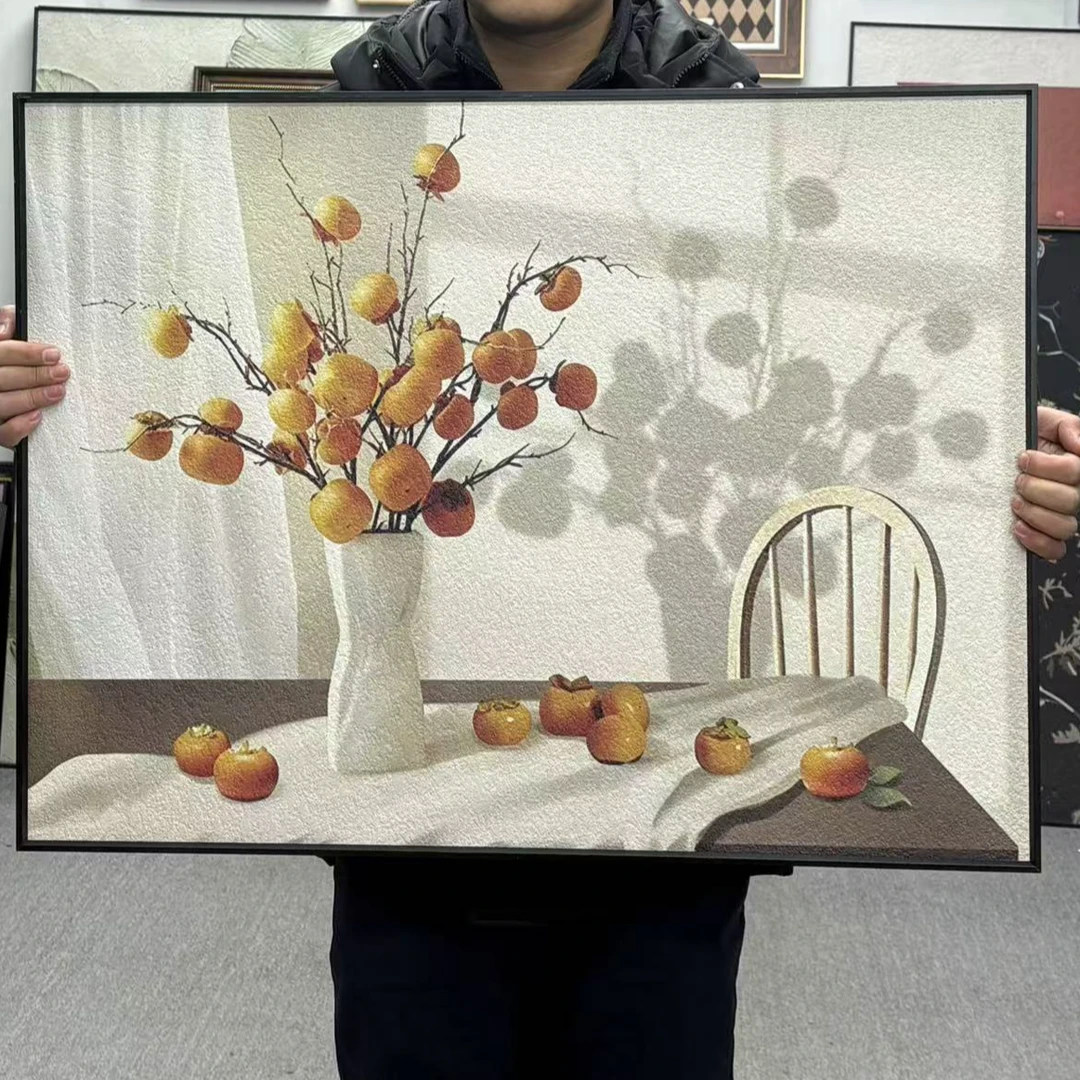 柿柿如意餐厅装饰画新中式新款饭厅挂画高级感餐桌背景墙壁画6080