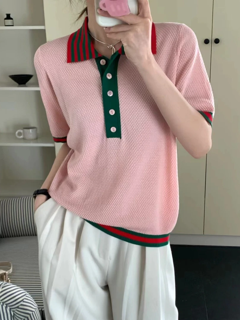 【商场同款】2025夏款小众撞色短袖天丝针织衫polo衫t恤女24824065